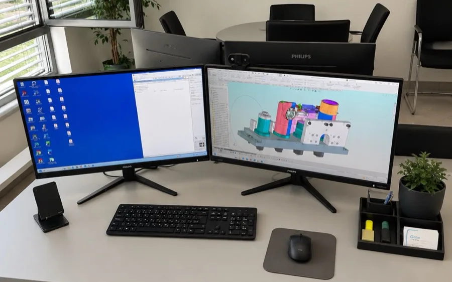 Konstruktionsarbeitsplatz mit 3D-CAD-Modell einer Vorrichtung